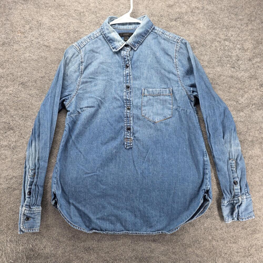 J.CREW Button-Up Tunic Womens S Blue Denim Collared Long Sleeve Pockets Cotton